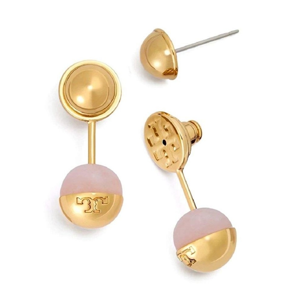 NEW Tory Burch Logo Bead Ear Jacket In Rose Quartz